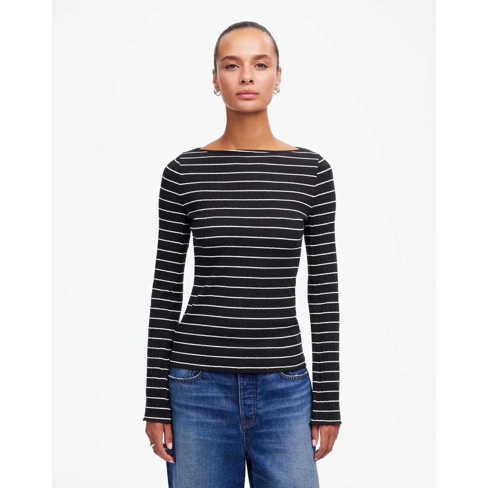 Madewell Stripe Long Sleeve Top Sz L Boatneck Ribbed Black White Cotton Preppy